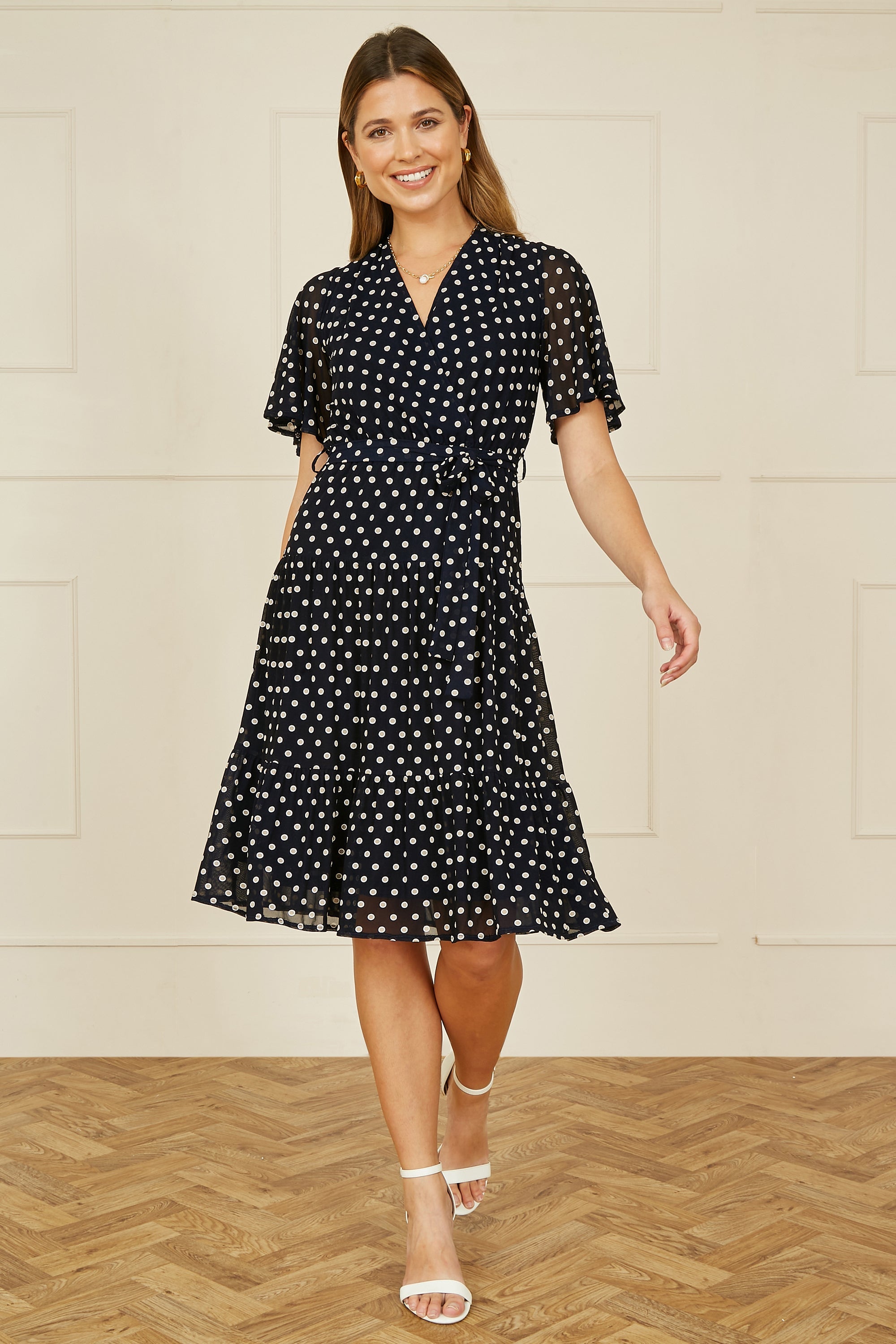 Yumi Navy Dot Print Mesh Stretch Midi Skater Dress - QHA UK