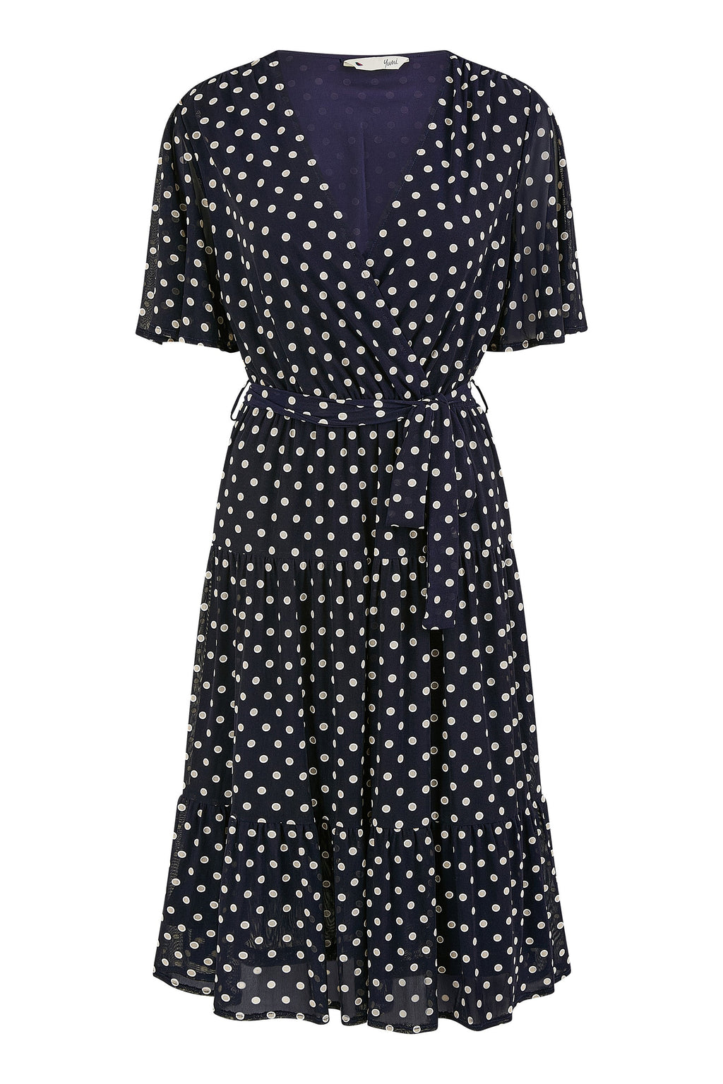 Yumi Navy Dot Print Mesh Stretch Midi Skater Dress - QHA UK