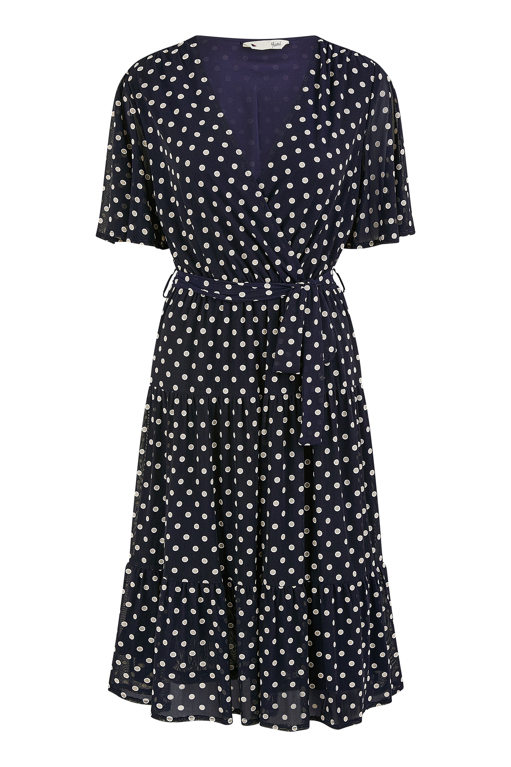 Yumi Navy Dot Print Mesh Stretch Midi Skater Dress - QHA UK