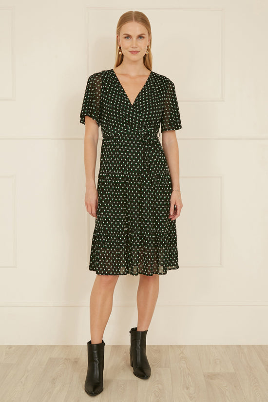 Yumi Black Dot Print Mesh Stretch Midi Skater Dress - QHA UK