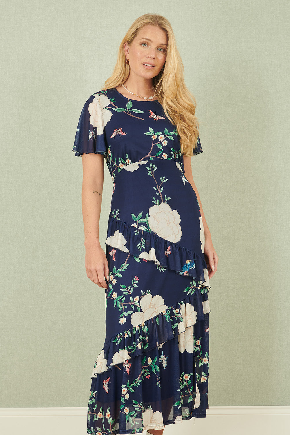 Yumi Navy Mesh Bird And Floral Print Midi Dress With Ruffles - QHA UK