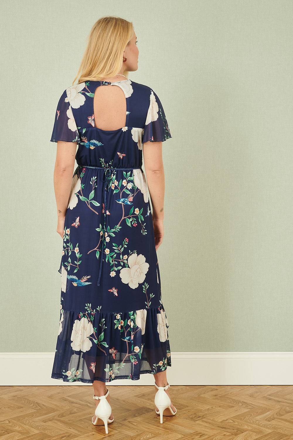 Yumi Navy Mesh Bird And Floral Print Midi Dress With Ruffles - QHA UK