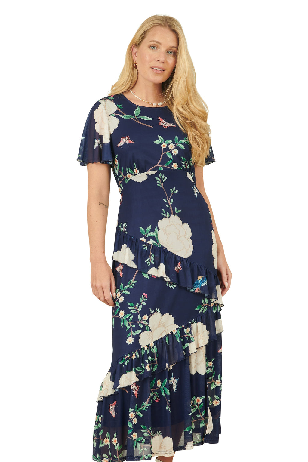 Yumi Navy Mesh Bird And Floral Print Midi Dress With Ruffles - QHA UK