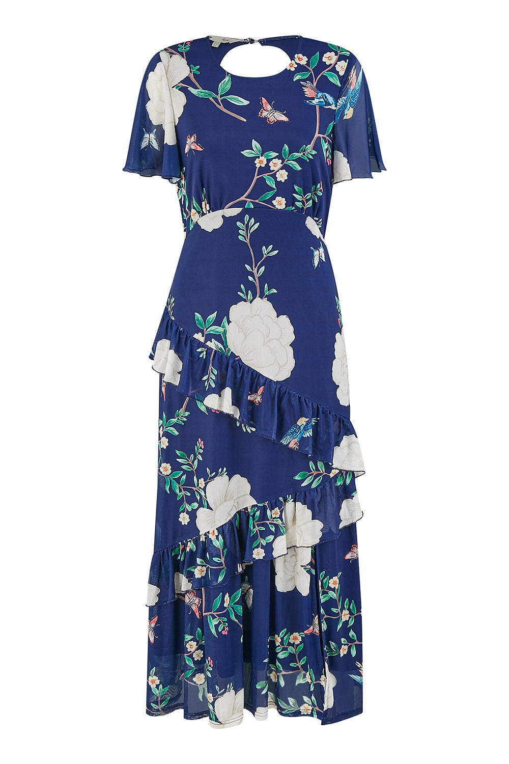 Yumi Navy Mesh Bird And Floral Print Midi Dress With Ruffles - QHA UK