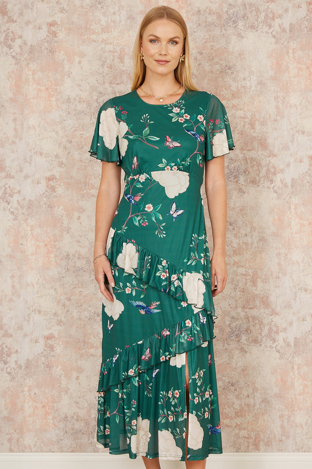 Yumi Green Mesh Bird And Floral Print Midi Dress With Ruffles - QHA UK