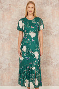 Yumi Green Mesh Bird And Floral Print Midi Dress With Ruffles - QHA UK