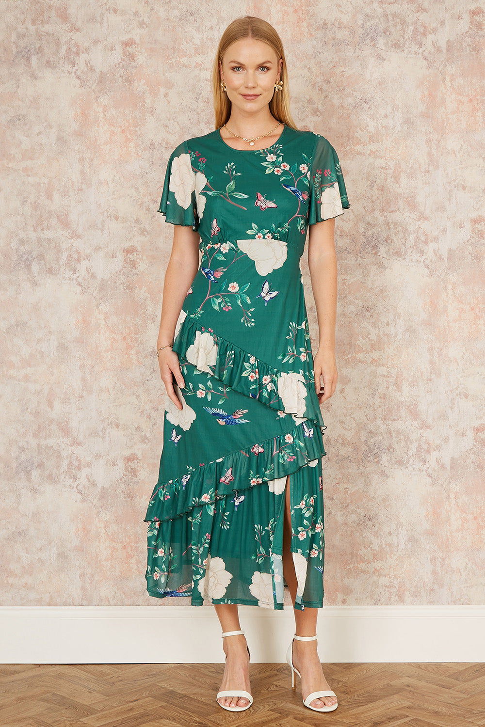 Yumi Green Mesh Bird And Floral Print Midi Dress With Ruffles - QHA UK
