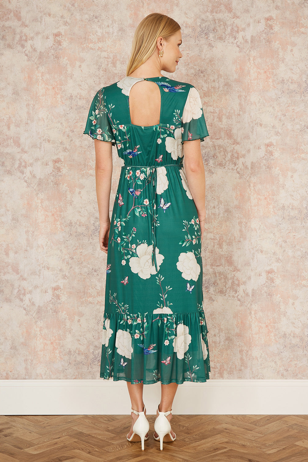 Yumi Green Mesh Bird And Floral Print Midi Dress With Ruffles - QHA UK