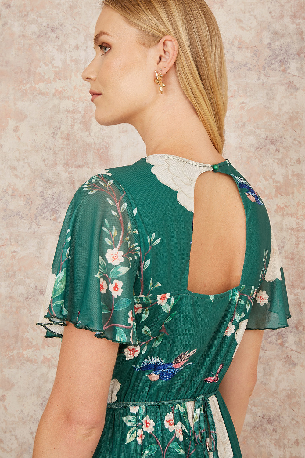 Yumi Green Mesh Bird And Floral Print Midi Dress With Ruffles - QHA UK