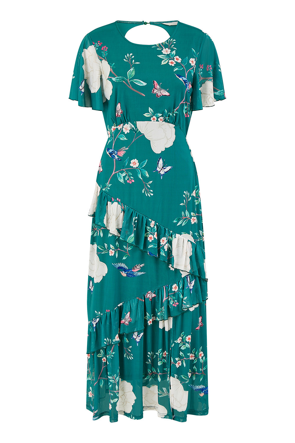 Yumi Green Mesh Bird And Floral Print Midi Dress With Ruffles - QHA UK