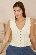 Yumi Beige V Neck Button Down Crochet Knitted Top - QHA UK