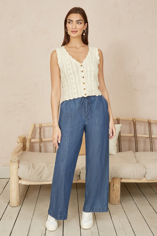 Yumi Beige V Neck Button Down Crochet Knitted Top - QHA UK