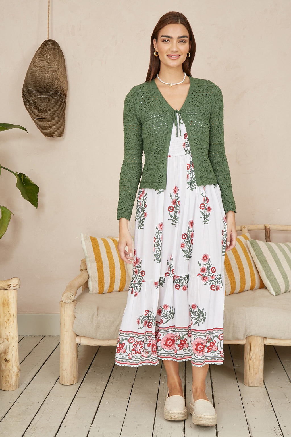 Yumi Green Crochet Tie Front Cardigan