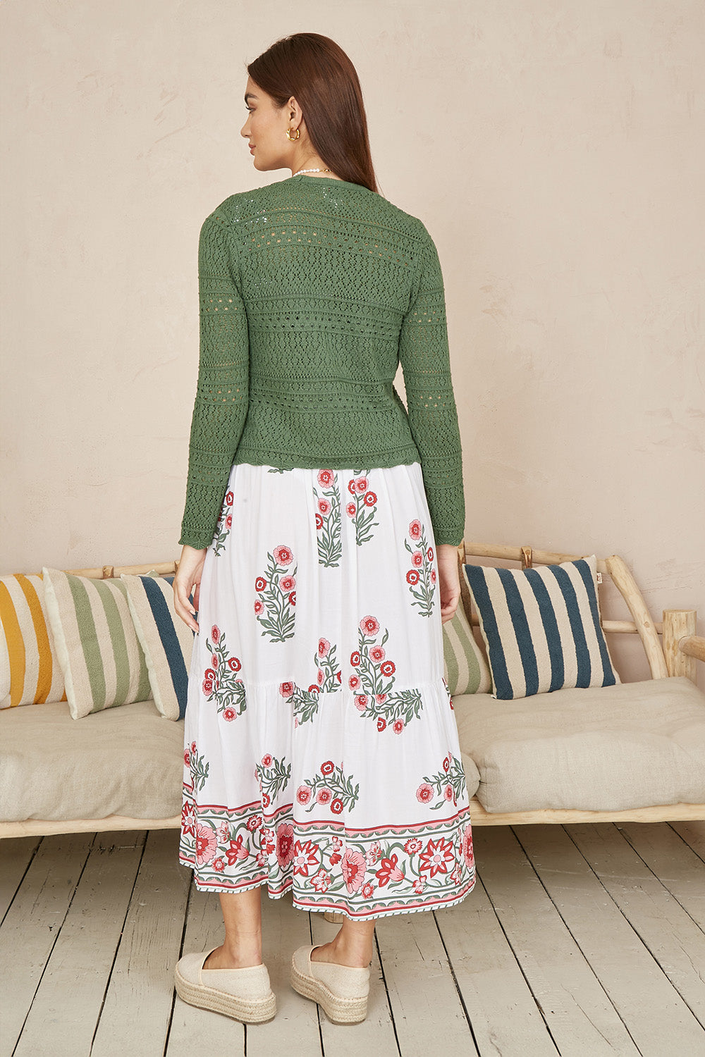 Yumi Green Crochet Tie Front Cardigan