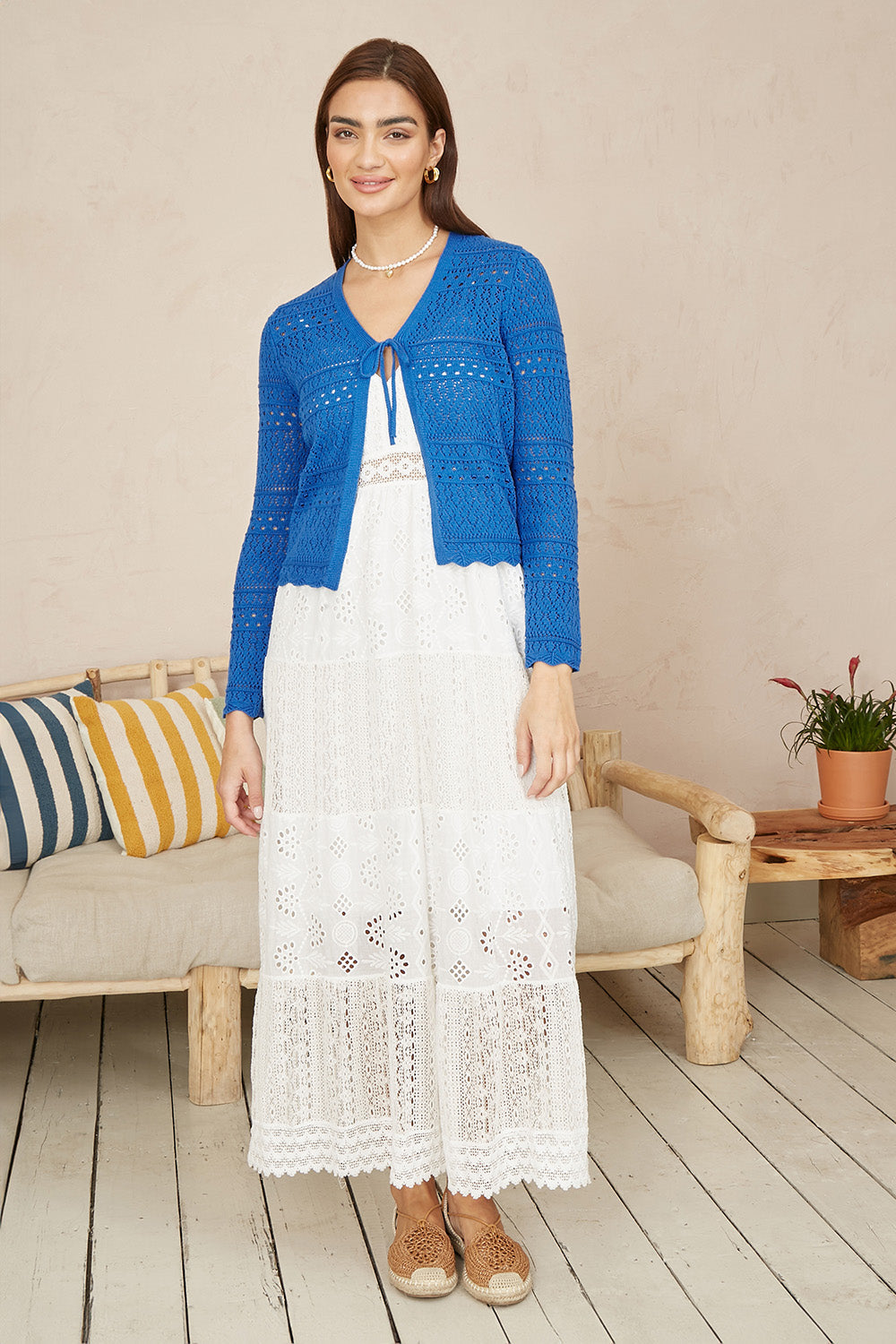 Yumi Blue Crochet Tie Front Cardigan - QHA UK