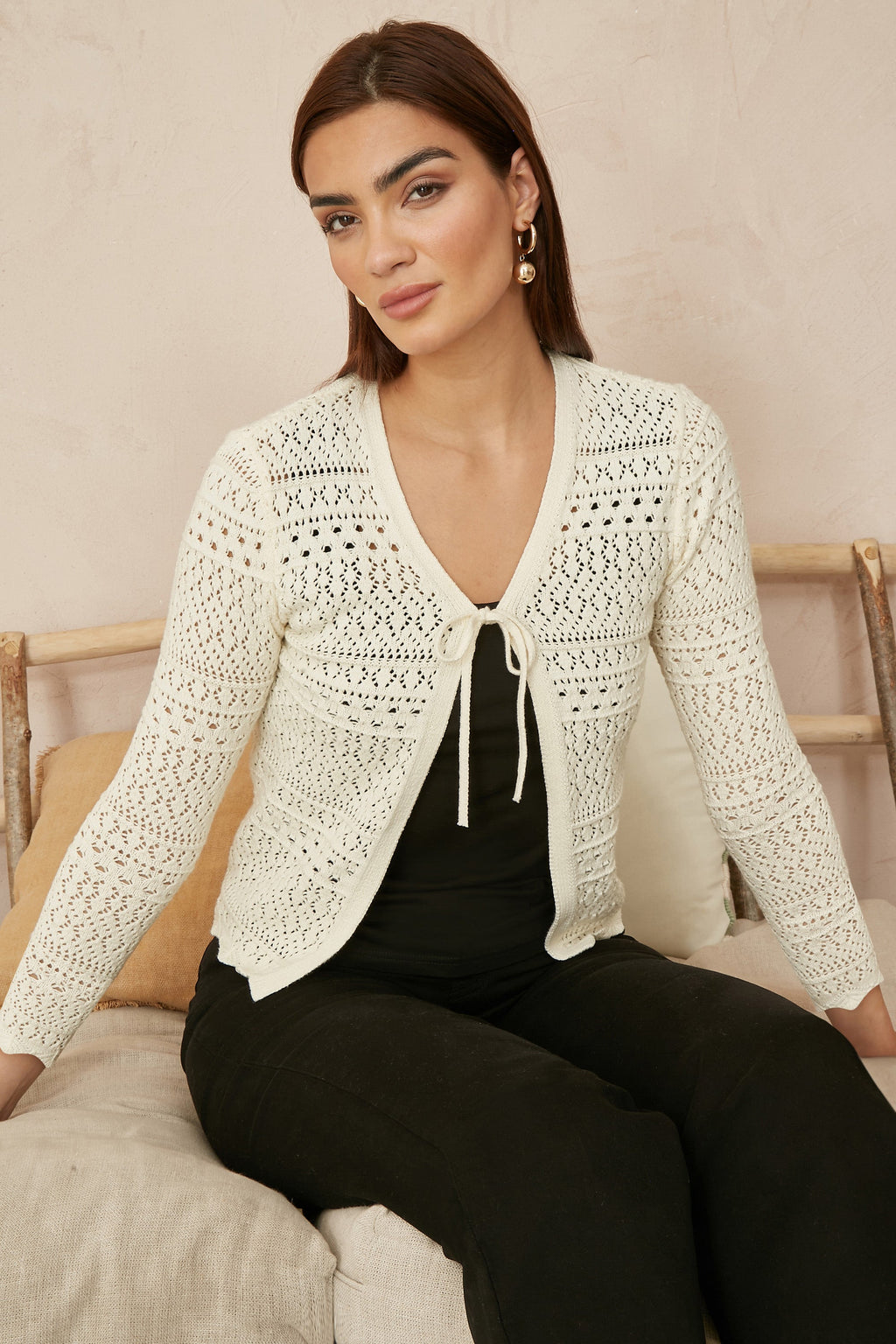 Yumi Ivory Crochet Tie Front Cardigan