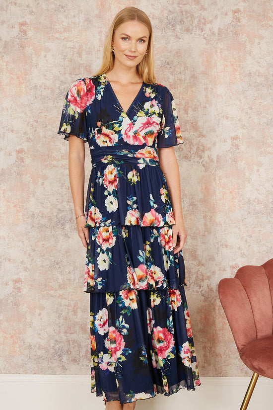 Yumi Navy Floral Mesh Tiered Maxi Dress - QHA UK