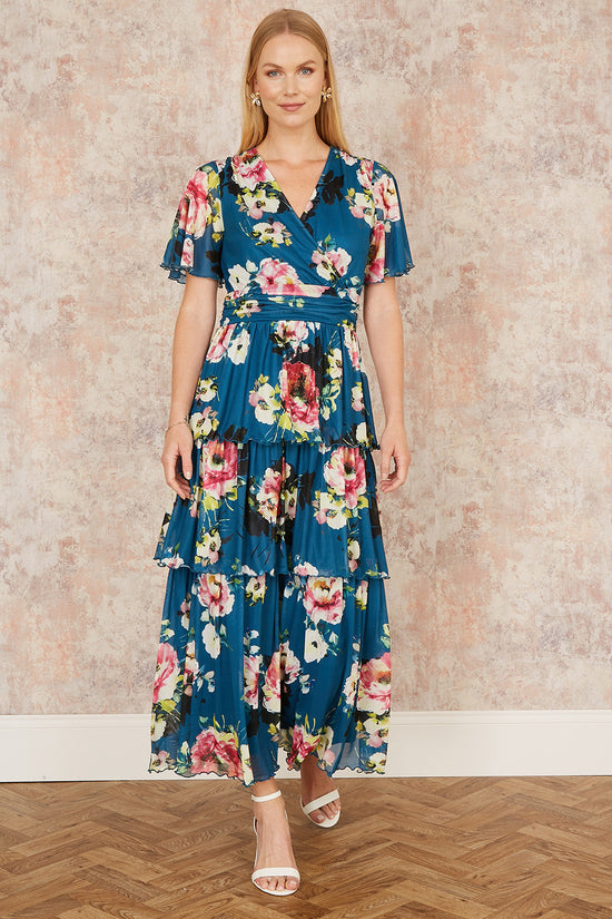 Yumi Green Floral Mesh Tiered Maxi Dress - QHA UK