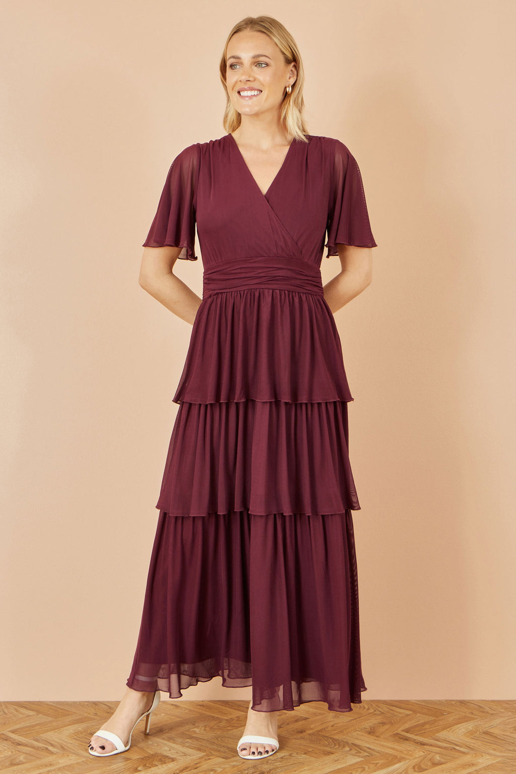 Yumi Burgundy Mesh Tiered Maxi Dress
