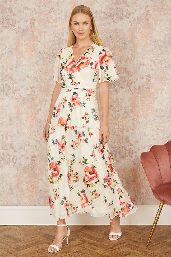 Yumi Ivory Floral Mesh Tiered Maxi Dress - QHA UK