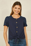 Yumi Navy Jersey Button Detail T-Shirt With Broderie Anglaise Sleeves And Tie Front - QHA UK