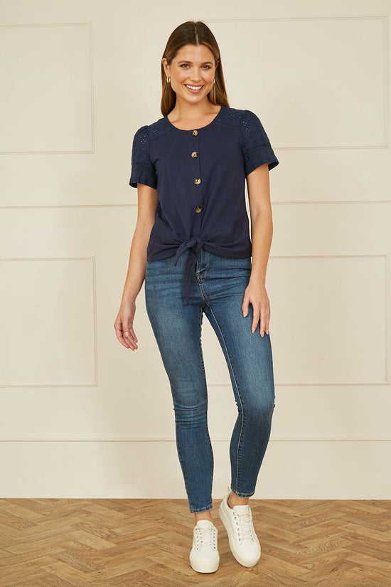Yumi Navy Jersey Button Detail T-Shirt With Broderie Anglaise Sleeves And Tie Front - QHA UK