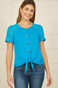 Yumi Blue Jersey Button Detail T-Shirt With Broderie Anglaise Sleeves And Tie Front - QHA UK
