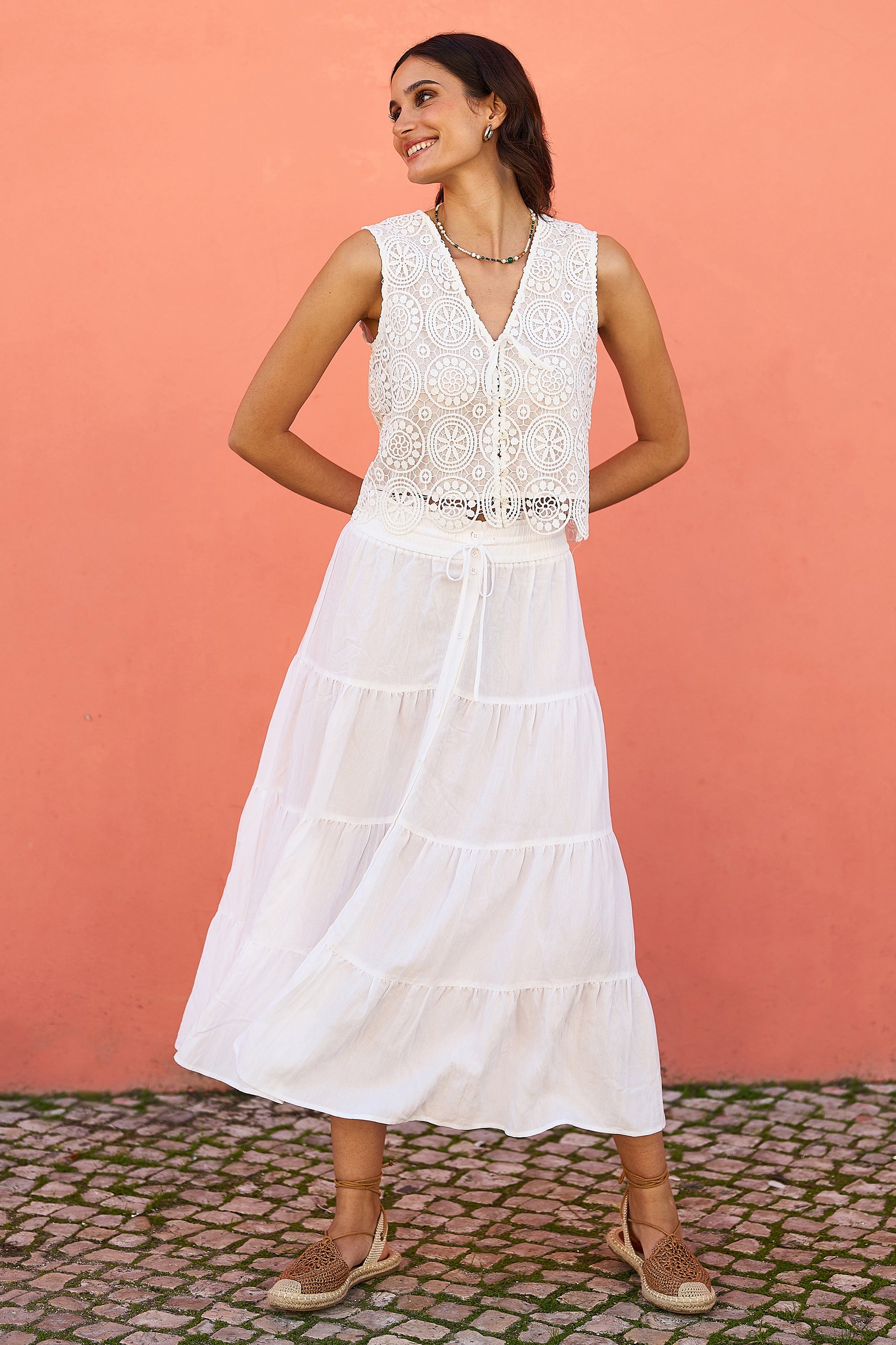 Yumi White Crochet Lace Tie Waistcoat
