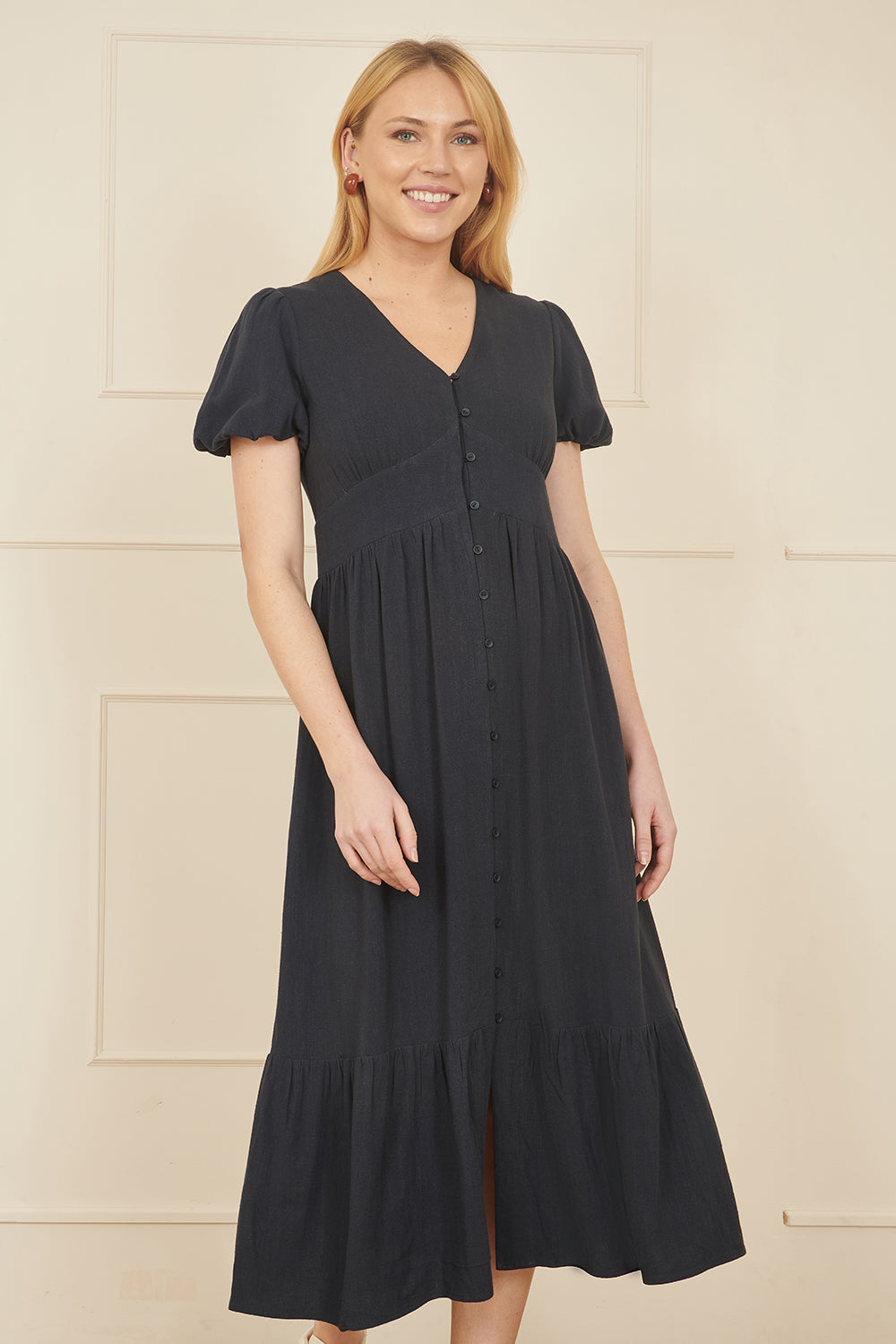 Yumi Navy Viscose Button Through Midi Dress - QHA UK