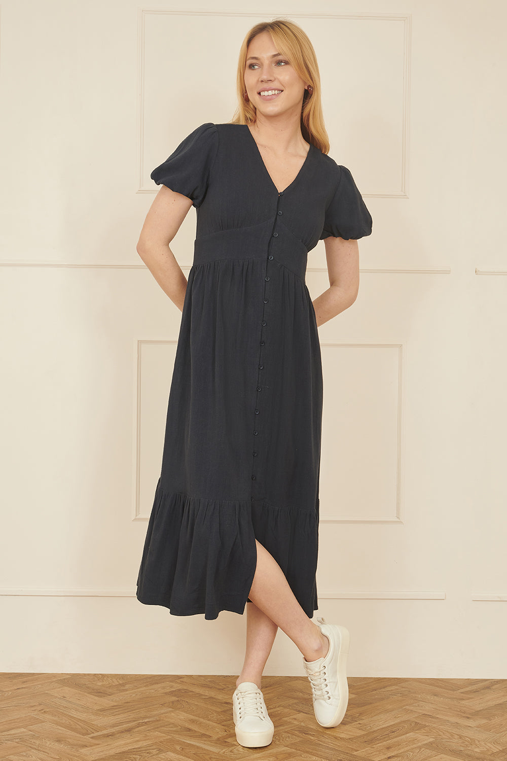 Yumi Navy Viscose Button Through Midi Dress - QHA UK