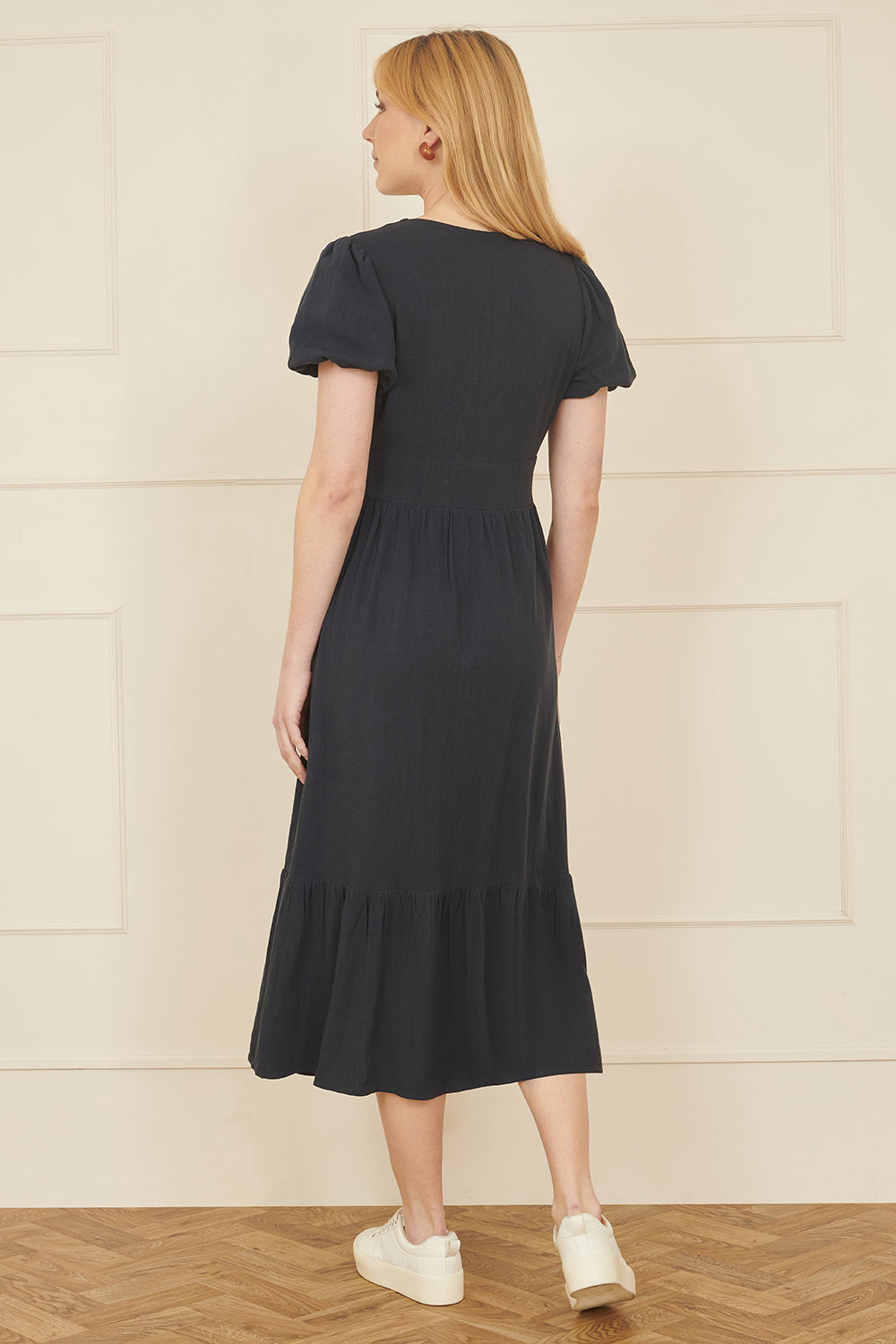 Yumi Navy Viscose Button Through Midi Dress - QHA UK