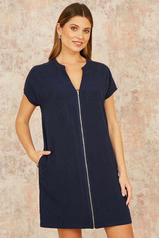 Yumi Navy Viscose Zip Tunic Dress - QHA UK