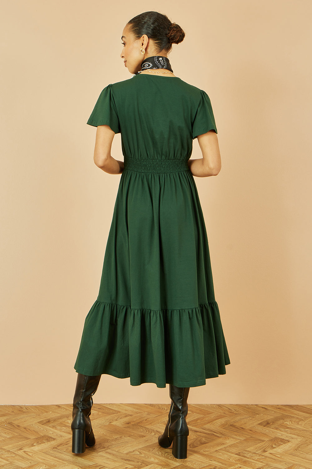 Yumi Green Cotton Jersey V Neck Midi Dress - QHA UK