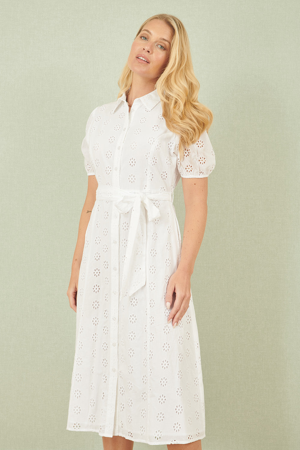 Yumi White Cotton Broderie Anglaise Midi Shirt Dress - QHA UK
