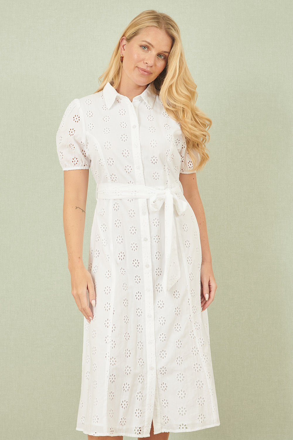 Yumi White Cotton Broderie Anglaise Midi Shirt Dress - QHA UK