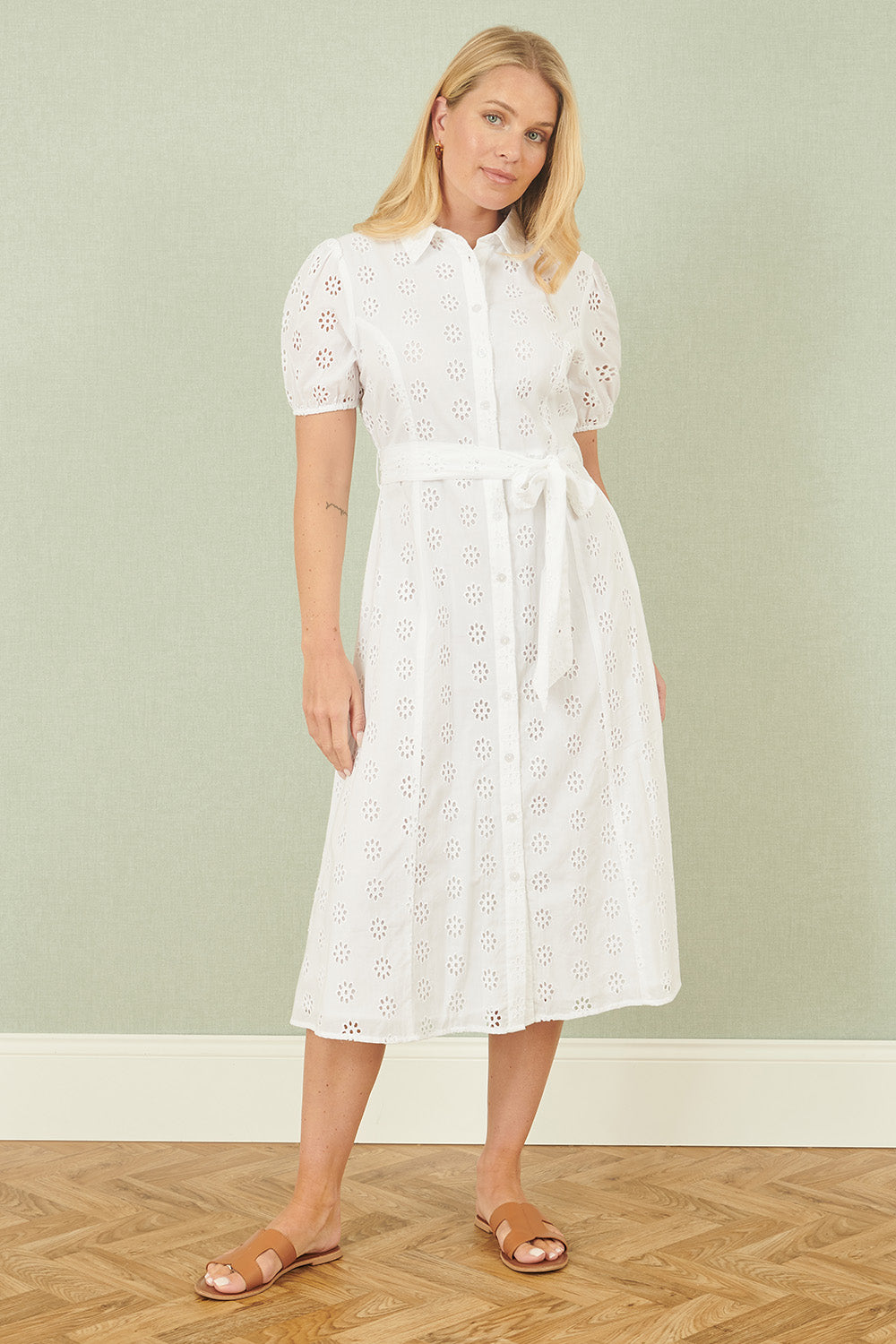 Yumi White Cotton Broderie Anglaise Midi Shirt Dress - QHA UK