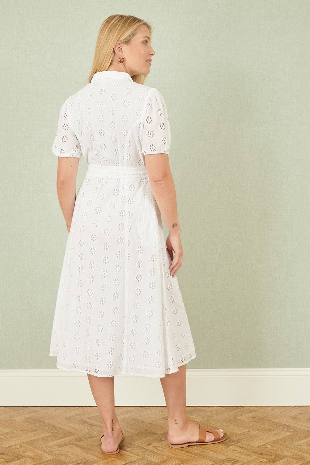 Yumi White Cotton Broderie Anglaise Midi Shirt Dress - QHA UK