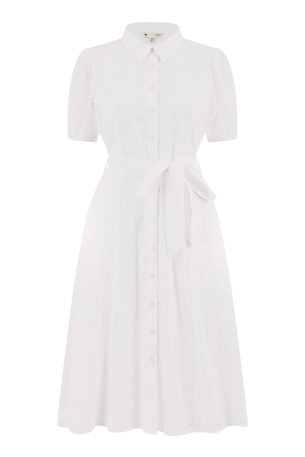 Yumi White Cotton Broderie Anglaise Midi Shirt Dress - QHA UK