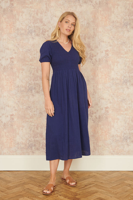 Yumi Navy Double Cotton Ruched Midi Dress - QHA UK