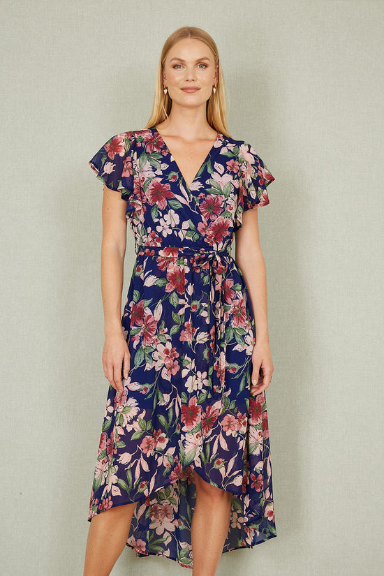 Yumi Blue Floral Wrap Midi Dress With Frill Hem - QHA UK