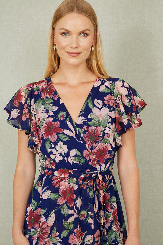 Yumi Blue Floral Wrap Midi Dress With Frill Hem - QHA UK