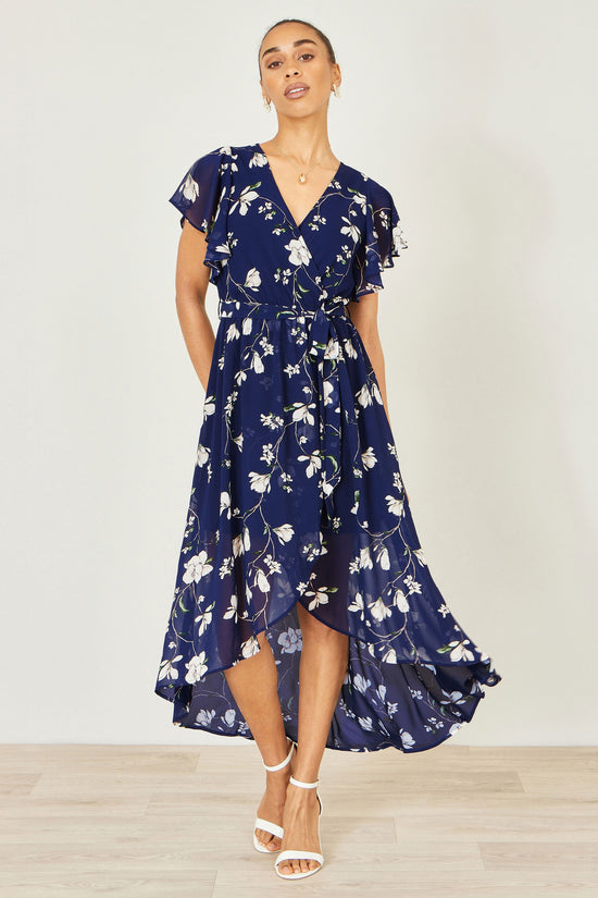 Yumi Navy Floral Wrap Midi Dress With Frill Hem - QHA UK