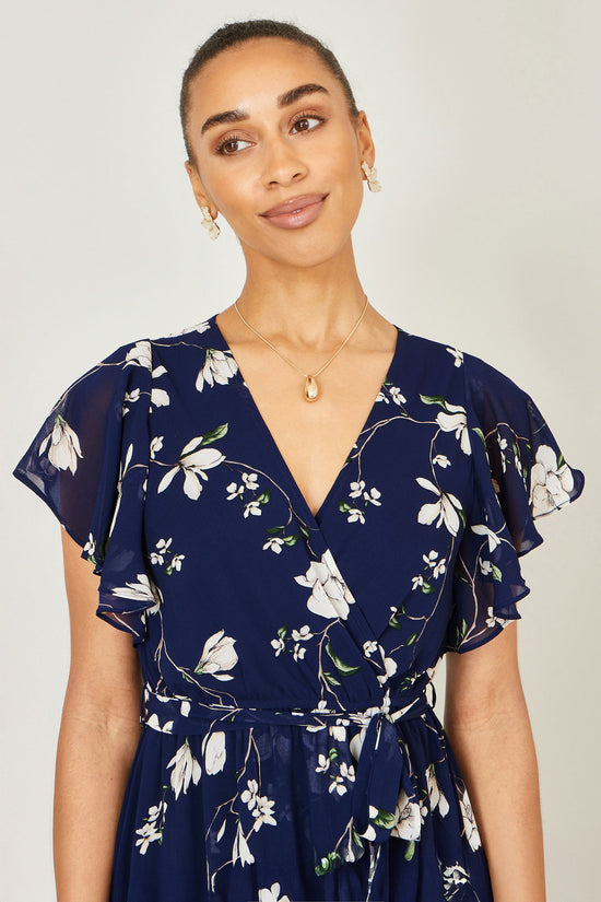 Yumi Navy Floral Wrap Midi Dress With Frill Hem - QHA UK
