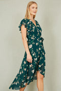 Yumi Green Floral Wrap Midi Dress With Frill Hem - QHA UK