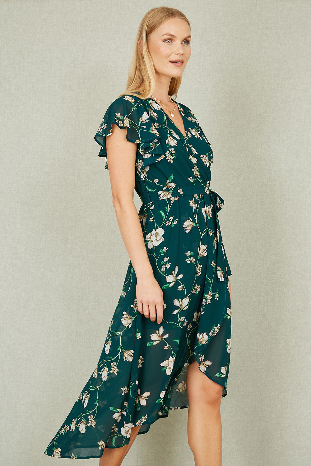 Yumi Green Floral Wrap Midi Dress With Frill Hem - QHA UK