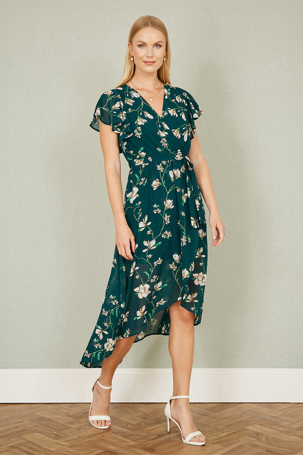 Yumi Green Floral Wrap Midi Dress With Frill Hem - QHA UK
