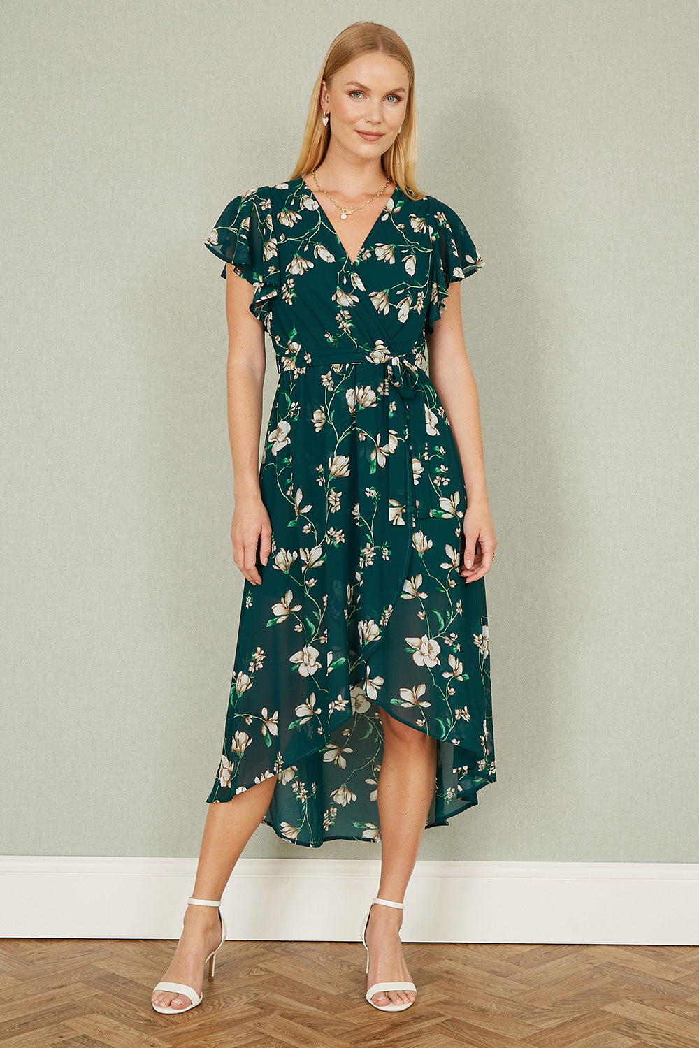 Yumi Green Floral Wrap Midi Dress With Frill Hem - QHA UK