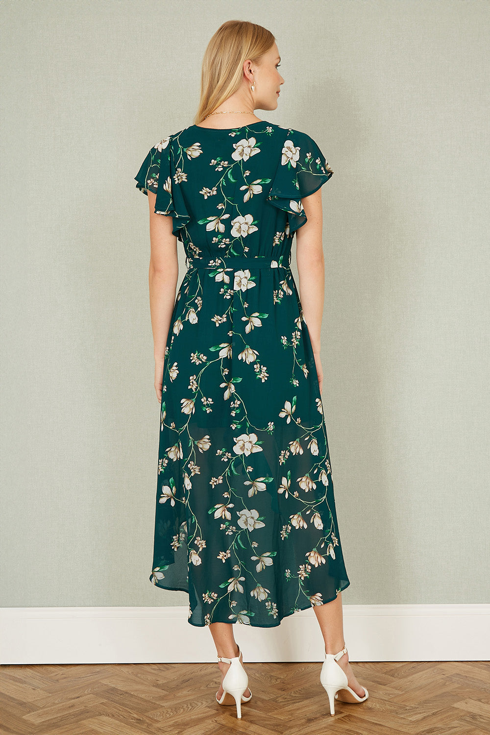 Yumi Green Floral Wrap Midi Dress With Frill Hem - QHA UK