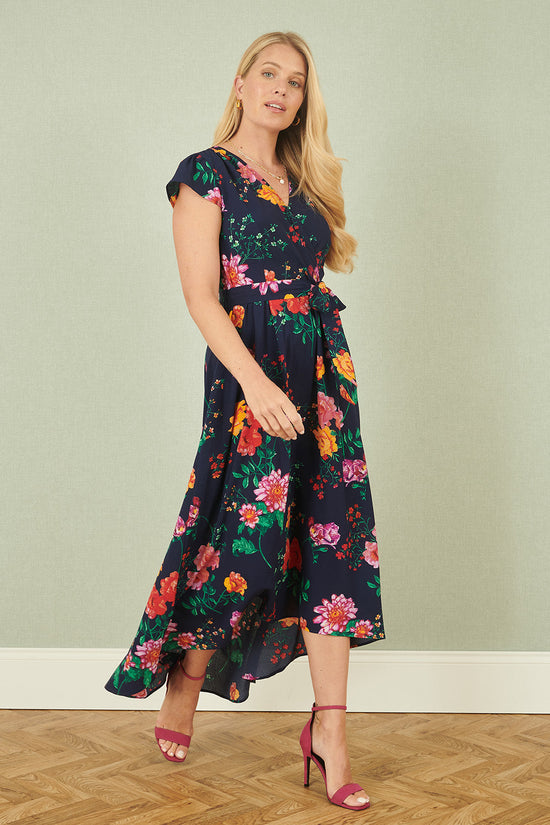 Yumi Navy Flower Print Wrap Midi Dress - QHA UK