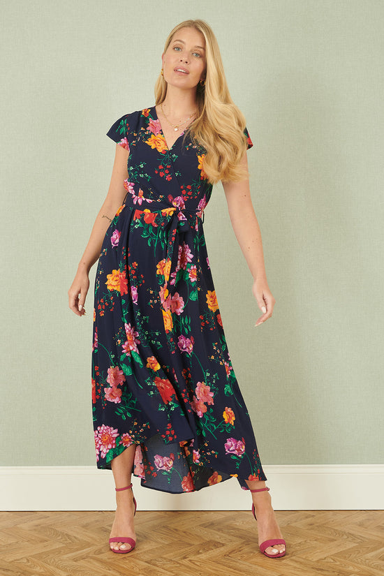 Yumi Navy Flower Print Wrap Midi Dress - QHA UK